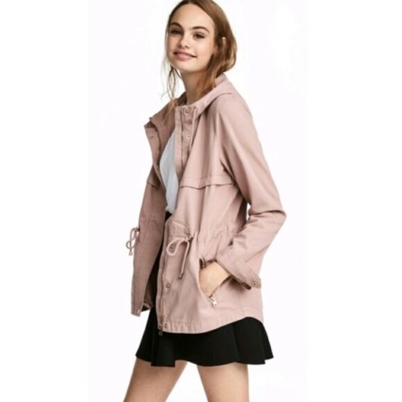 H&M Divided Dusty Pink Mauve Utility Jacket Lightweight Cotton Zip Front Hoodie - Picture 1 of 13